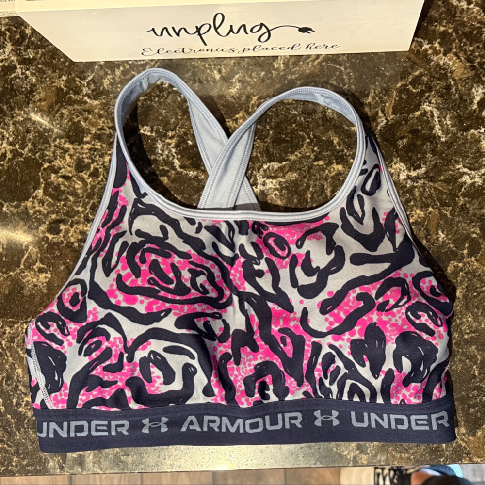 Under Armour Pink, Gray & Black Animal-Print Racerback Sports Bra